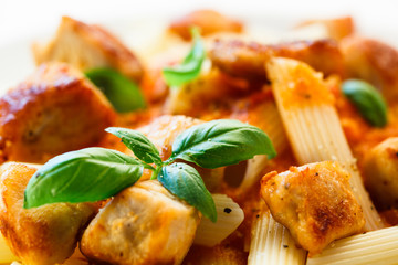 Pasta with roasted chicken and tomato sauce - shallow DOF