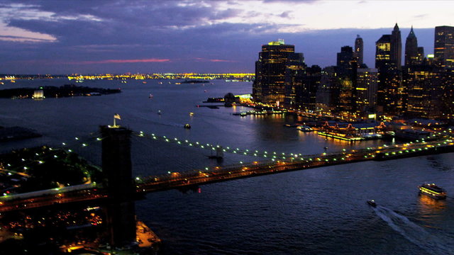 Aerial illuminated view Brooklyn Bridge, New York, USA,