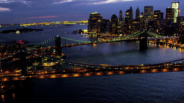 Aerial illuminated view Brooklyn and Manhattan Bridges, New York 