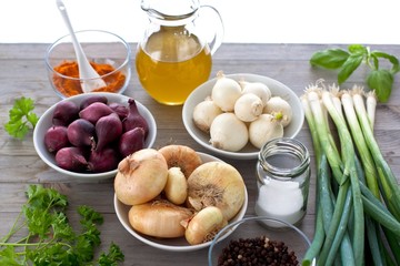 Onions, olive oil, herbs and spices