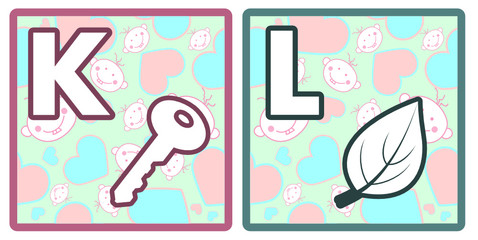 The alphabet for children, k and l.