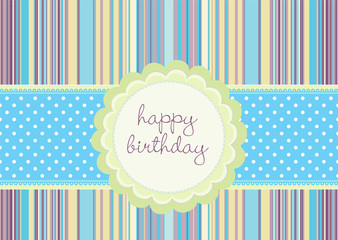 Birthday card with flower shaped ribbon on retro stripe pattern