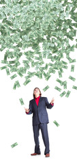 businessman catchs flying banknotes