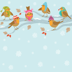 Winter background with funny birds.