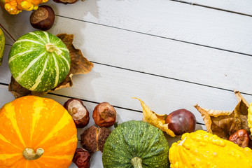 Autumn frame made ​​of pumpkin, chestnuts and leaves on wood