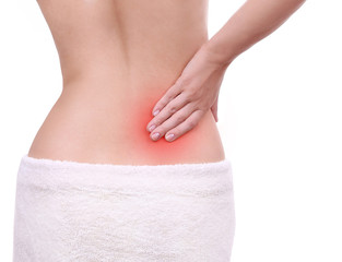 woman with pain in her lower back isolated, backache