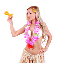 blonde girl with Hawaiian accessories drinking juice isolated