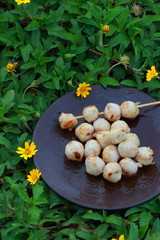 Meatballs grill, skewers, plates, black, flower garden