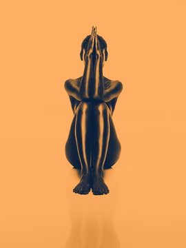 artistic nude woman, geometric position, orange background