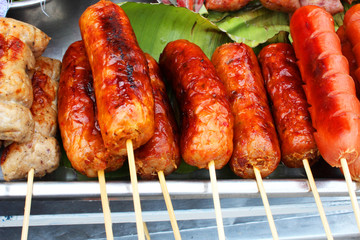 Sausages for sale in Bangkok, Thailand.