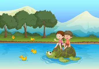 Photo sur Plexiglas Rivière, lac enfants sur tortue