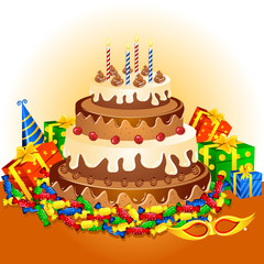 vector illustration of birthday cake with gift and toffee