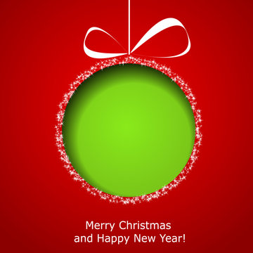 Abstract green Christmas ball cutted from paper on red backgroun