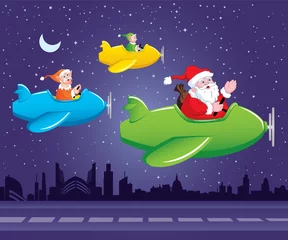 Fototapete Flugzeuge, Ballon Weihnachtsmann und Elfen im Flugzeug