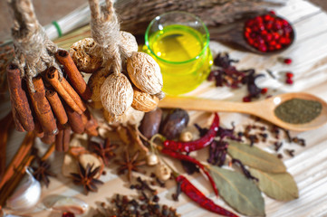 Dried spices assortment close-up.