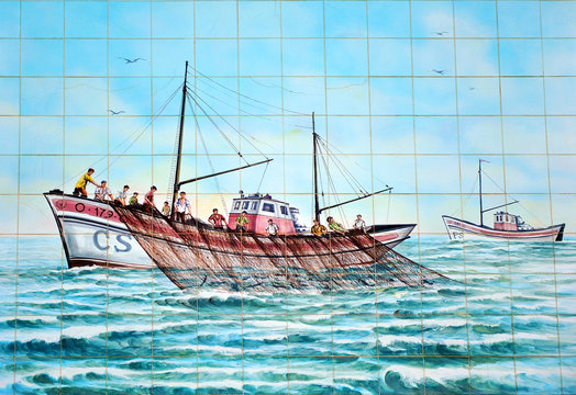 Barco de pesca con red, azulejo