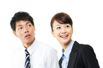 Young asian smiling business woman and businessman