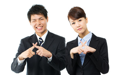 Young asian smiling business woman and businessman