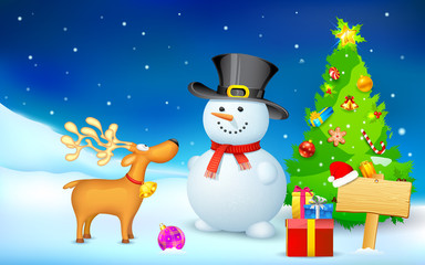 Snowman and Reindeer in Christmas Night