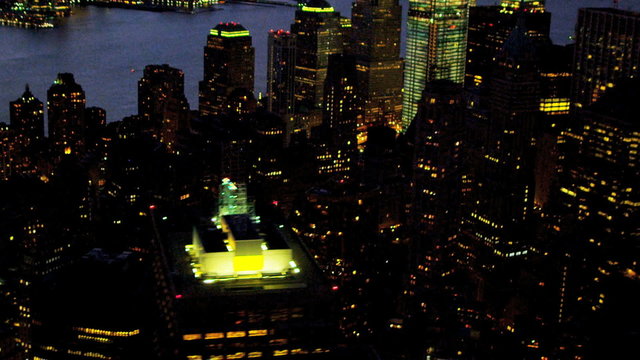 Aerial view of downtown Manhattan illuminated at night, USA