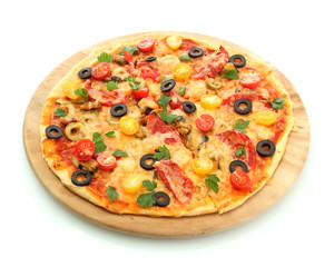 tasty pizza on the cutting board isolated on white
