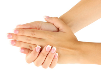 Beautiful woman's hands with french manicure on white