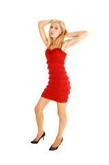 Blond girl in red dress.