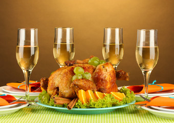 banquet table with roast chicken