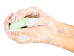 Woman's hands in soapsuds, on white background close-up