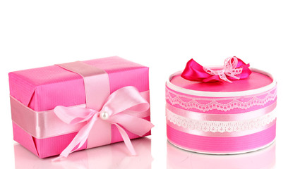 Colorful pink gifts isolated on white