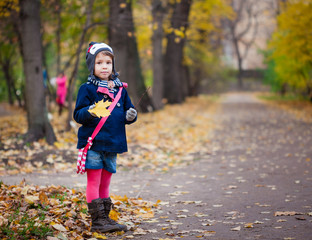 Adorable preschooler girl in beautiful autumn park