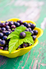 Черная смородина в желтой тарелке