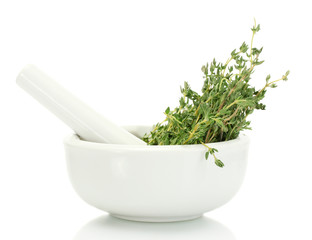mortar with fresh green thyme isolated on white