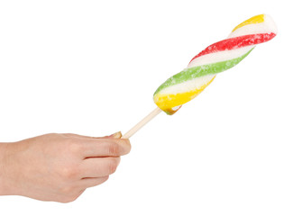 Colorful fruit juice ice cream in hand isolated on white