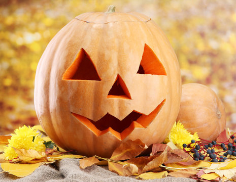 halloween pumpkins and autumn leaves, on yellow background