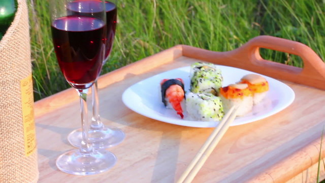 picnic - tabe with wine and japanese food