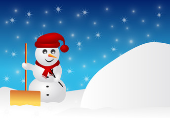 Schneemann schaufelt Schneehaufen