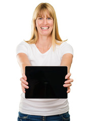 Happy Young Woman Holding Digital Tablet