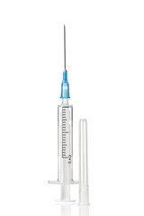 Close up view of  white plastic syringe  on  white back