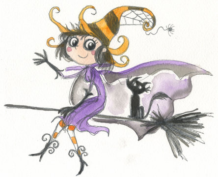 Halloween witch on broomstick watercolor