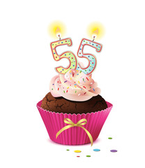 Cupcake mit Kerze und die Zahl 55