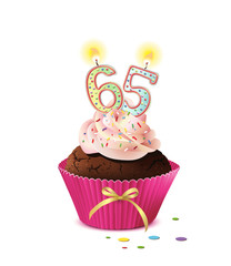 Cupcake mit Kerze und die Zahl 65