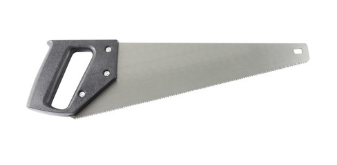 Saw black plastic handle on white background.