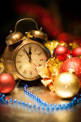 Clock and christmas balls - holiday background