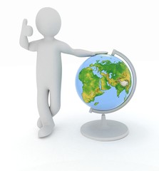 Man by presentation a globe over white