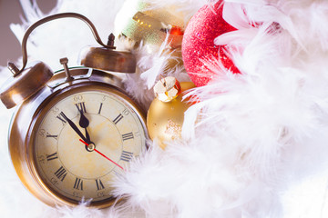 Clock and christmas balls - holiday background