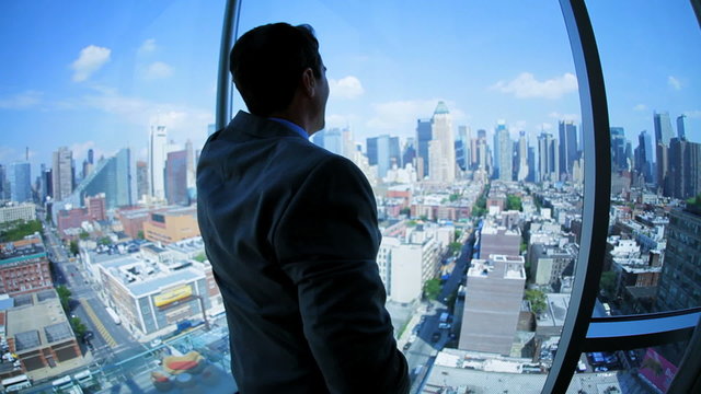 Caucasian manager has business call in Manhattan office centre