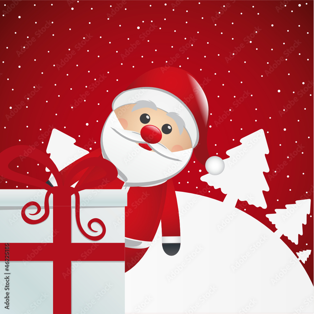 Poster santa behind gift box white winter landscape