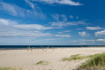 Ross Sands beach with driftwood circle