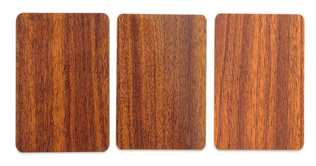 collection of wooden plastic card blanks on white background